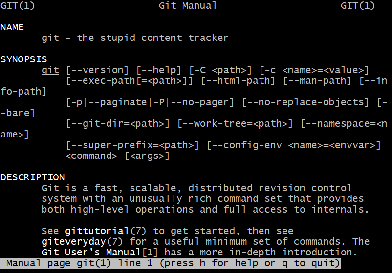 man file for git displayed in Windows 10