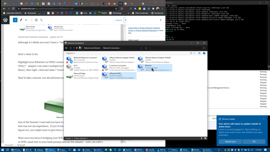 demonstration of making a network bridge in Windows