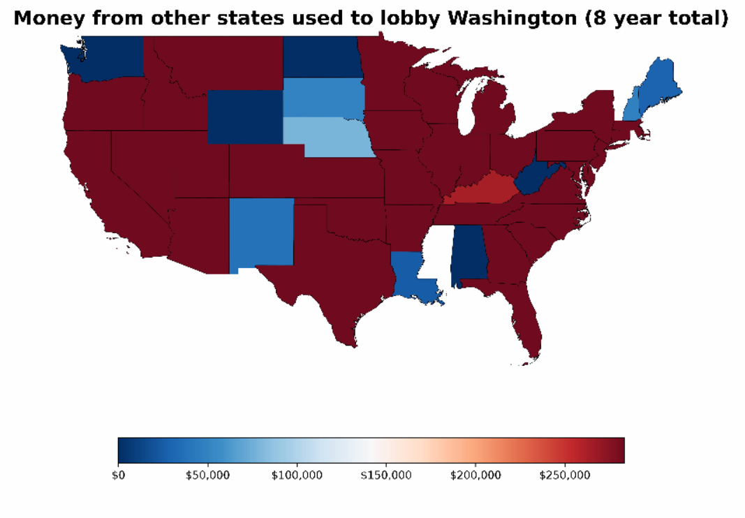 Cartographic chart showing 8-year total of money used to lobby Washington state residents coming from outside the state